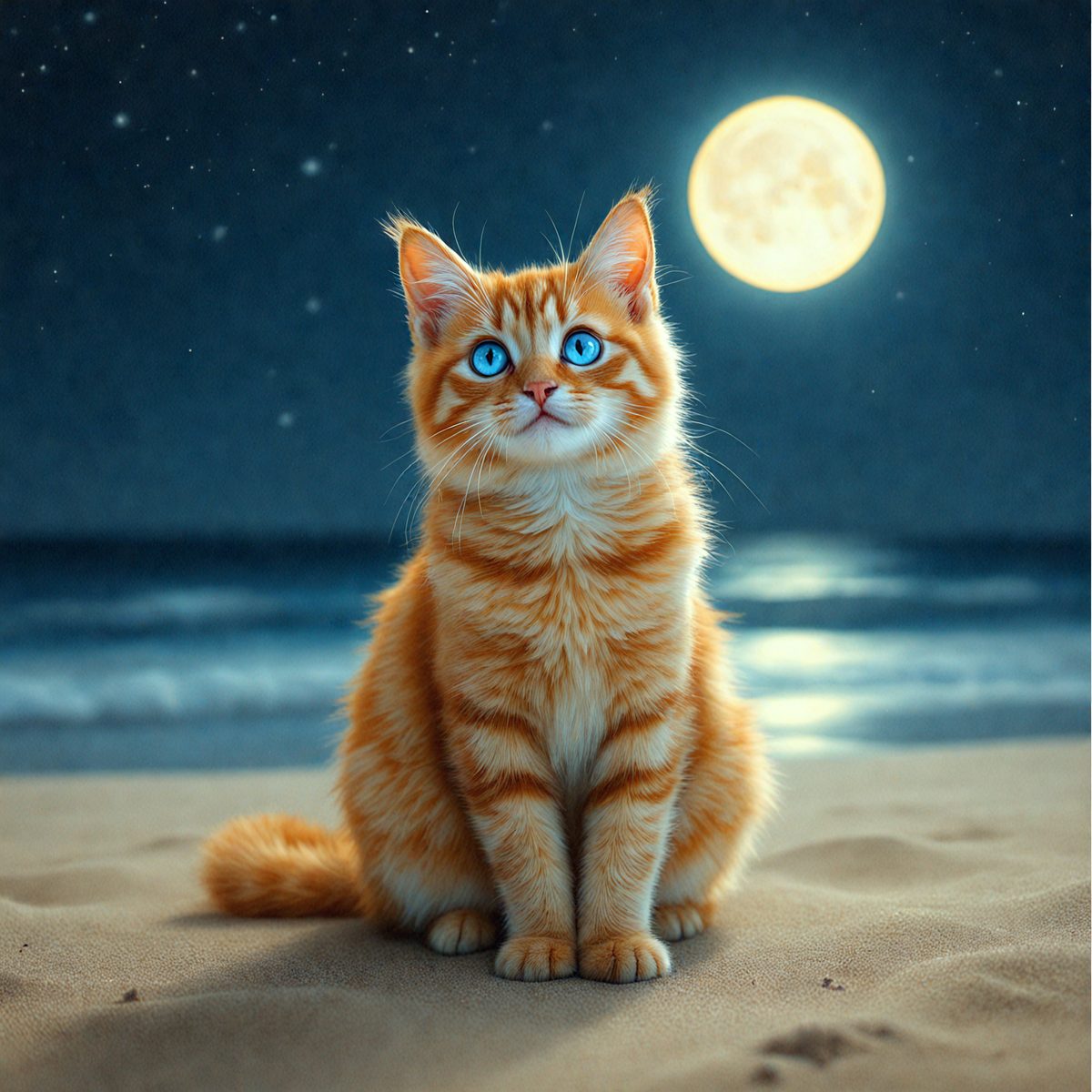 The primary subject of the image is a cat sitting on a sandy beach at night. The cat is looking up at the moon, which is visible in the sky. The setting is a beach with sand, and the visual style is a painting. The dominant colors in the image are shades of orange and blue, creating a warm and serene atmosphere.